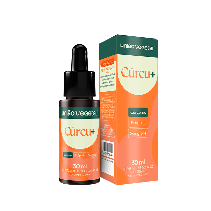 Frasco com 30mL do produto Curcu+ com cúrcuma, própolis e gengibre. Forma líquida para cuidar da imunidade.
