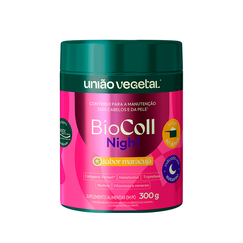 Frasco do suplemento BioColl Night da União Vegetal sabor maracujá com 300g, indicado para beleza da pele e sono noturno.