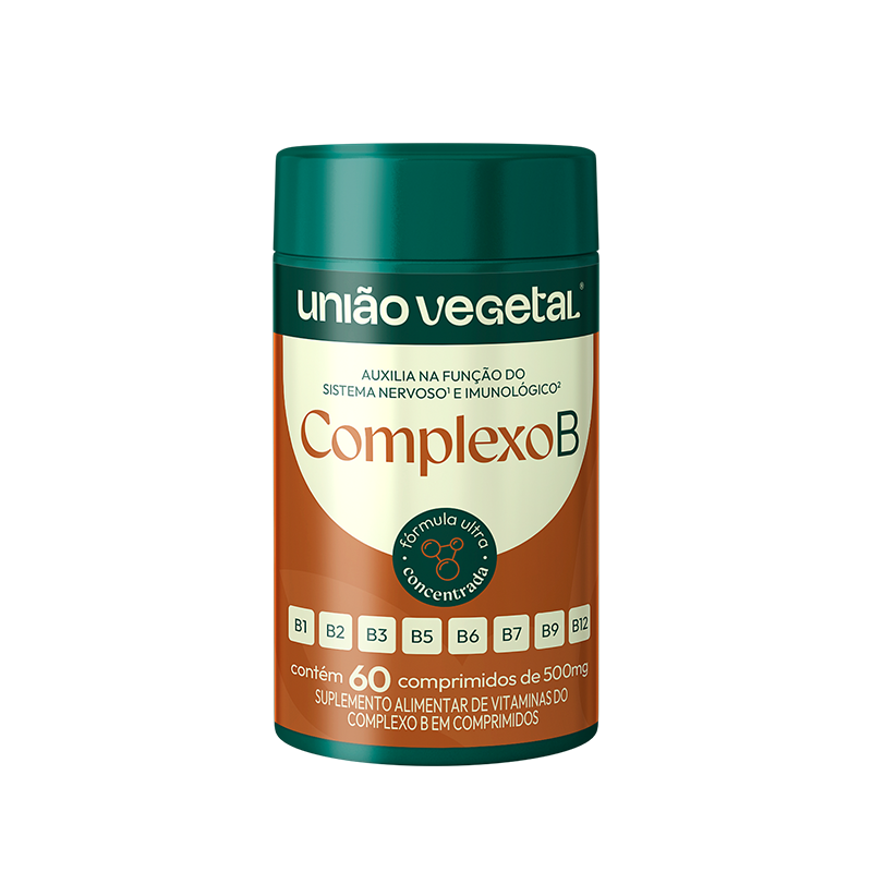 Frasco do suplemento Complexo B da União Vegetal com 60 comprimidos, contendo vitaminas B1 a B12 em fórmula concentrada.