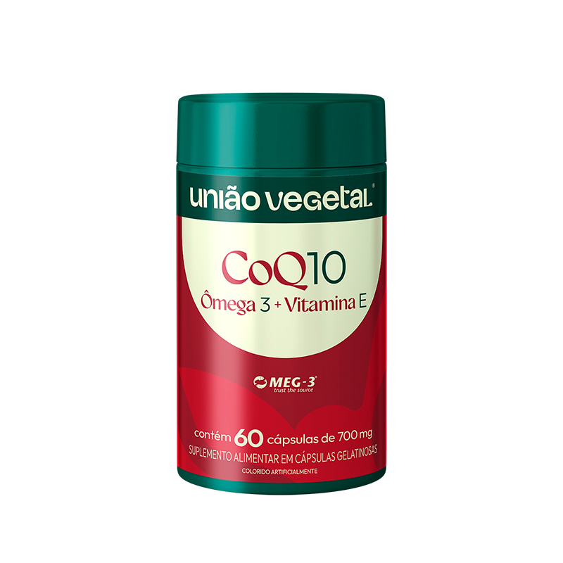 Frasco com 60 cápsulas de Coq10 + Ômega 3 + Vitamina E com selo meg-3.