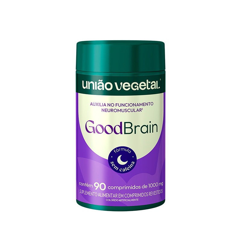 Frasco do suplemento GoodBrain da União Vegetal com 90 comprimidos, fórmula sem cafeína para suporte cognitivo e neuromuscular.