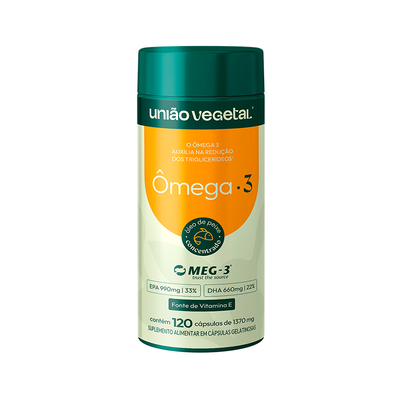 Frasco de Ômega 3 União Vegetal com 120 cápsulas, óleo de peixe MEG-3® com DHA, EPA e vitamina E em fórmula concentrada.