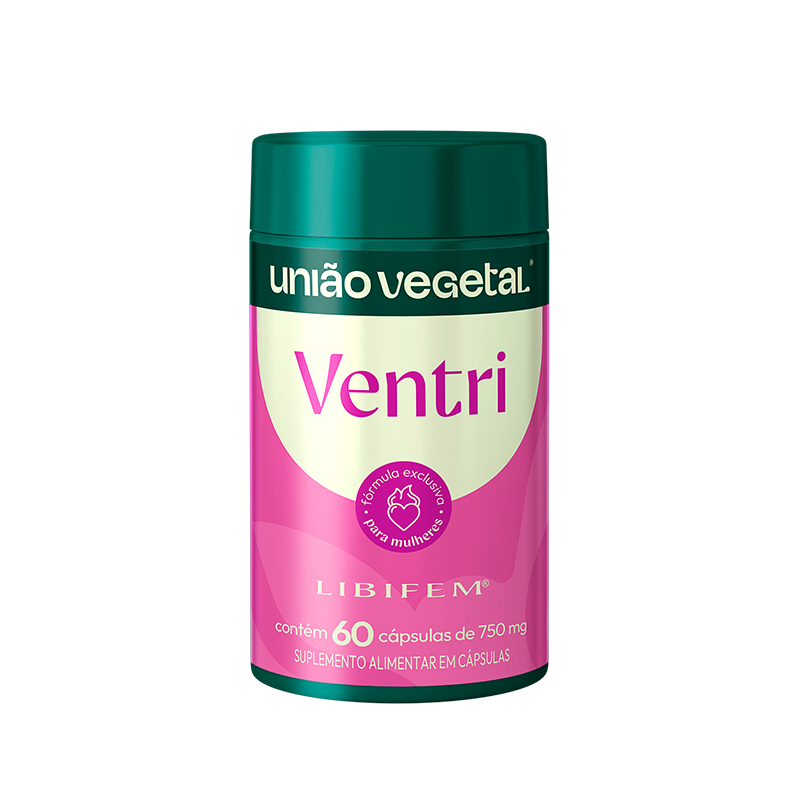 Frasco do suplemento Ventri União Vegetal com Libifem®, fórmula em cápsulas para mulheres, com 60 unidades de 750 mg.