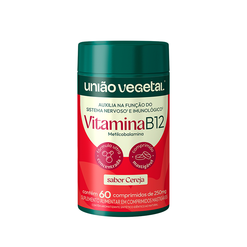 Frasco da Vitamina B12 União Vegetal com 60 comprimidos mastigáveis sabor cereja, contendo metilcobalamina e fórmula concentrada.