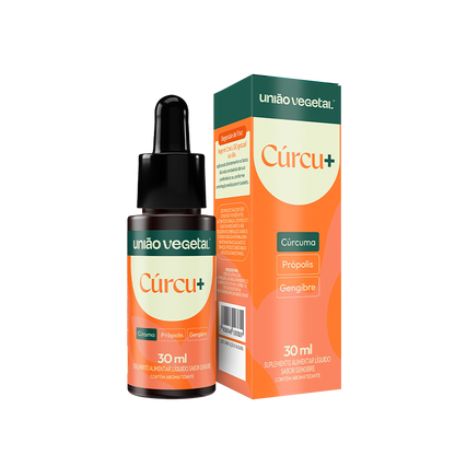 Frasco com 30mL do produto Curcu+ com cúrcuma, própolis e gengibre. Forma líquida para cuidar da imunidade.