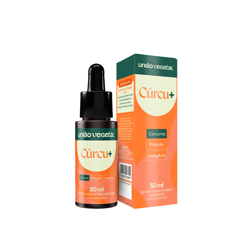Frasco com 30mL do produto Curcu+ com cúrcuma, própolis e gengibre. Forma líquida para cuidar da imunidade.