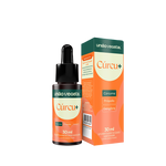 Frasco com 30mL do produto Curcu+ com cúrcuma, própolis e gengibre. Forma líquida para cuidar da imunidade.