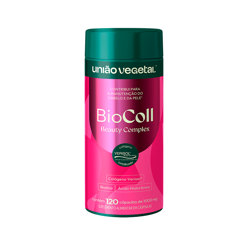 Frasco do BioColl em cápsulas da União Vegetal, suplemento com colágeno Verisol®, biotina e ácido hialurônico para nutrição da pele, unhas e cabelos.