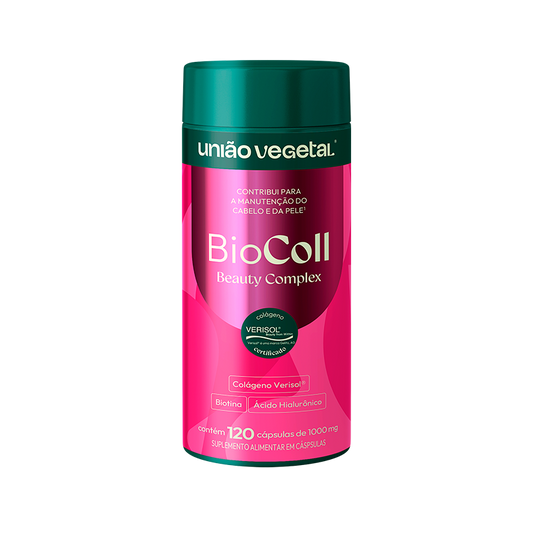 Frasco do BioColl em cápsulas da União Vegetal, suplemento com colágeno Verisol®, biotina e ácido hialurônico para nutrição da pele, unhas e cabelos.