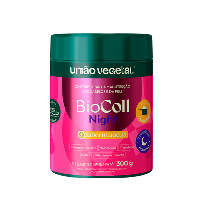 Frasco do suplemento BioColl Night da União Vegetal sabor maracujá com 300g, indicado para beleza da pele e sono noturno.
