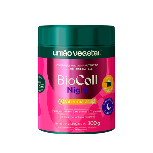 Frasco do suplemento BioColl Night da União Vegetal sabor maracujá com 300g, indicado para beleza da pele e sono noturno.