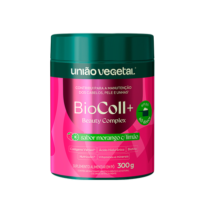 Pote do suplemento BioColl+ em pó da União Vegetal, com colágeno Verisol®, ácido hialurônico, vitaminas e minerais. Fórmula pensada para a beleza da pele, unhas e cabelos.
