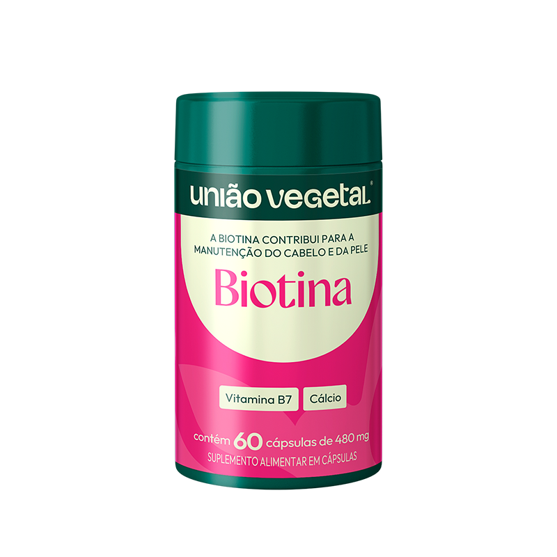 Frasco do suplemento Biotina da União Vegetal com 60 cápsulas, indicado para o fortalecimento de cabelos, pele e unhas.
