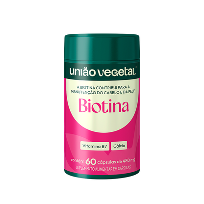 Frasco do suplemento Biotina da União Vegetal com 60 cápsulas, indicado para o fortalecimento de cabelos, pele e unhas.