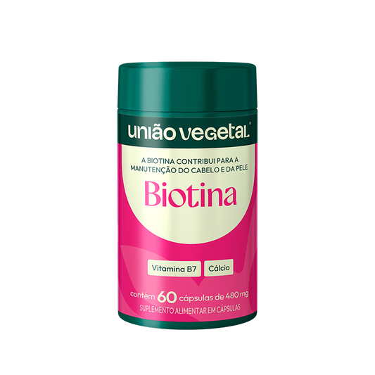 Frasco do suplemento Biotina da União Vegetal com 60 cápsulas, indicado para o fortalecimento de cabelos, pele e unhas.