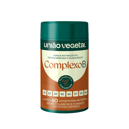 Frasco do suplemento Complexo B da União Vegetal com 60 comprimidos, contendo vitaminas B1 a B12 em fórmula concentrada.