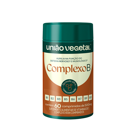 Frasco do suplemento Complexo B da União Vegetal com 60 comprimidos, contendo vitaminas B1 a B12 em fórmula concentrada.