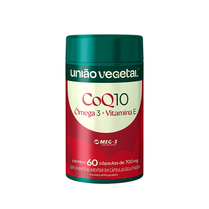 Frasco com 60 cápsulas de Coq10 + Ômega 3 + Vitamina E com selo meg-3.