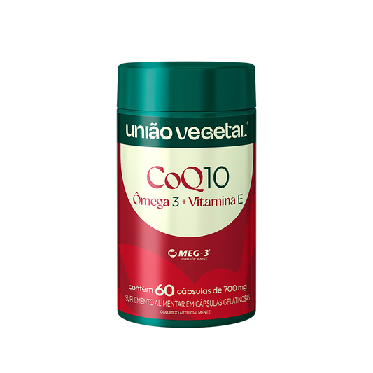 Frasco com 60 cápsulas de Coq10 + Ômega 3 + Vitamina E com selo meg-3.