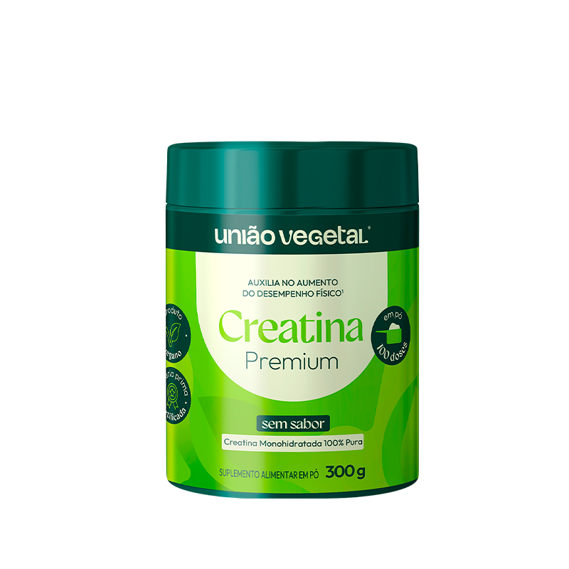 Pote de 300 g de creatina premium sem sabor 100% pura e monohidratada da União Vegetal.