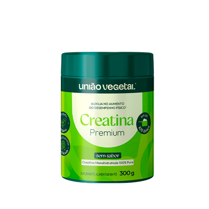 Pote de 300 g de creatina premium sem sabor 100% pura e monohidratada da União Vegetal.