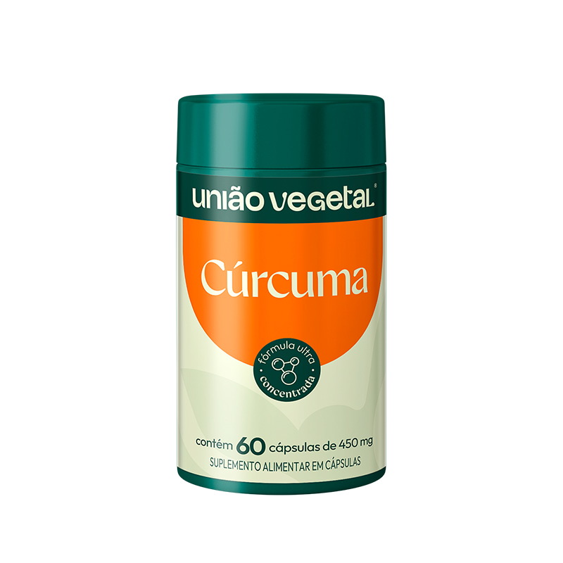 Frasco do suplemento de Cúrcuma da União Vegetal com 60 cápsulas de 450 mg, fórmula ultra concentrada.