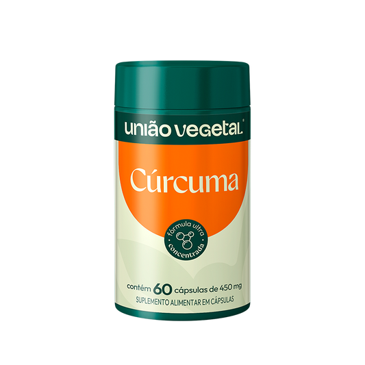 Frasco do suplemento de Cúrcuma da União Vegetal com 60 cápsulas de 450 mg, fórmula ultra concentrada.