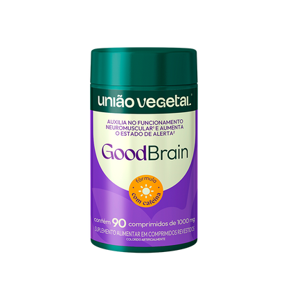 Frasco do suplemento GoodBrain da União Vegetal com cafeína, 90 comprimidos de 1000mg, para apoio ao foco e à função neuromuscular.