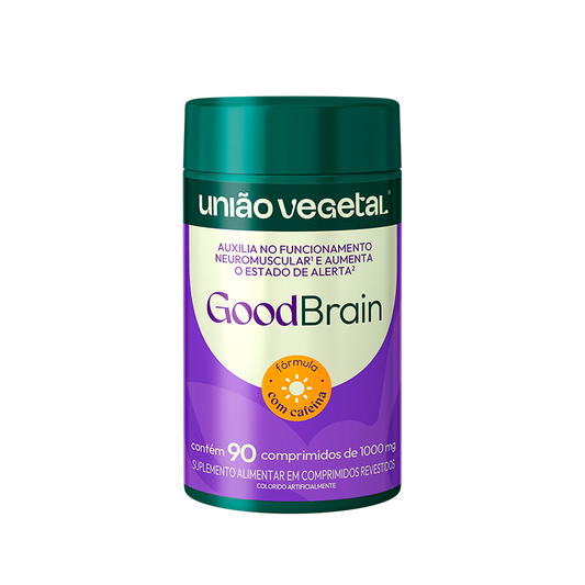 Frasco do suplemento GoodBrain da União Vegetal com cafeína, 90 comprimidos de 1000mg, para apoio ao foco e à função neuromuscular.