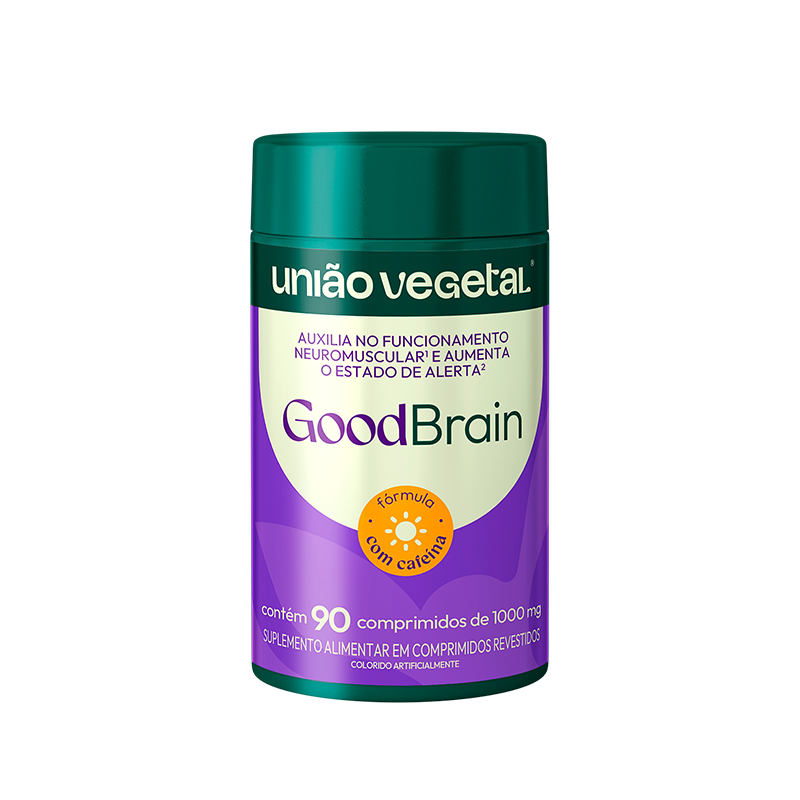 Frasco do suplemento GoodBrain da União Vegetal com cafeína, 90 comprimidos de 1000mg, para apoio ao foco e à função neuromuscular.