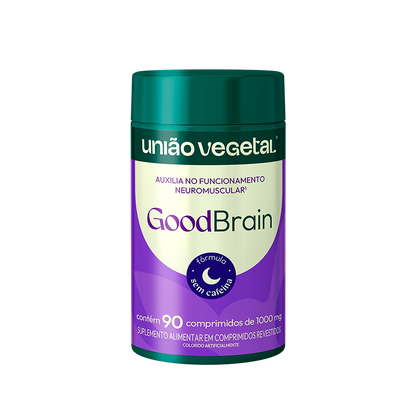 Frasco do suplemento GoodBrain da União Vegetal com 90 comprimidos, fórmula sem cafeína para suporte cognitivo e neuromuscular.