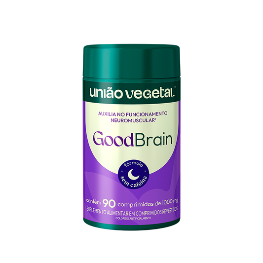 Frasco do suplemento GoodBrain da União Vegetal com 90 comprimidos, fórmula sem cafeína para suporte cognitivo e neuromuscular.