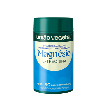 Frasco do suplemento Magnésio L-Treonina da União Vegetal com 90 cápsulas de 450mg, indicado para suporte neuromuscular diário.