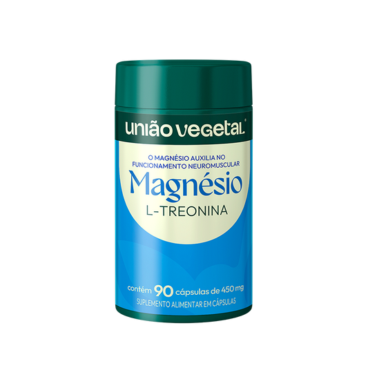 Frasco do suplemento Magnésio L-Treonina da União Vegetal com 90 cápsulas de 450mg, indicado para suporte neuromuscular diário.
