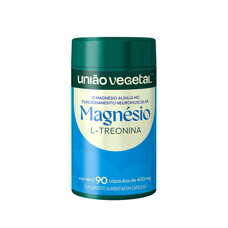 Frasco do suplemento Magnésio L-Treonina da União Vegetal com 90 cápsulas de 450mg, indicado para suporte neuromuscular diário.