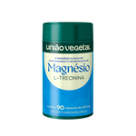 Frasco do suplemento Magnésio L-Treonina da União Vegetal com 90 cápsulas de 450mg, indicado para suporte neuromuscular diário.