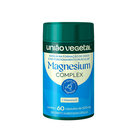 Frasco do suplemento Magnesium Complex da União Vegetal com 4 tipos de magnésio e vitamina D, 60 cápsulas.