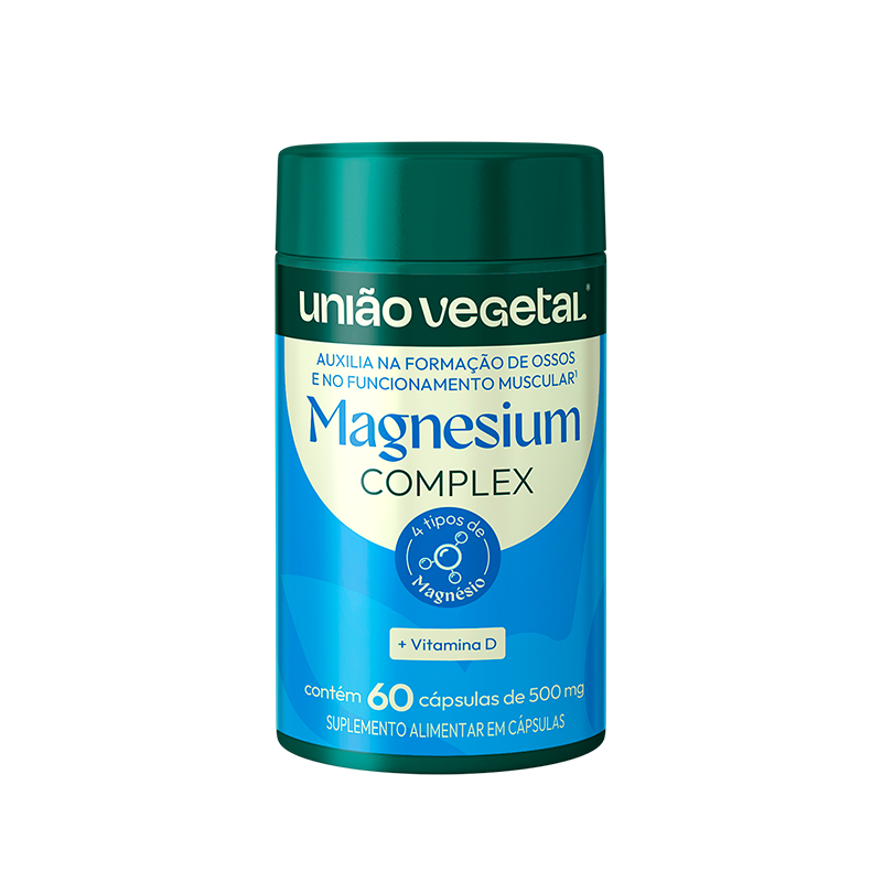 Frasco do suplemento Magnesium Complex da União Vegetal com 4 tipos de magnésio e vitamina D, 60 cápsulas.