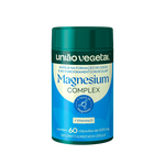 Frasco do suplemento Magnesium Complex da União Vegetal com 4 tipos de magnésio e vitamina D, 60 cápsulas.