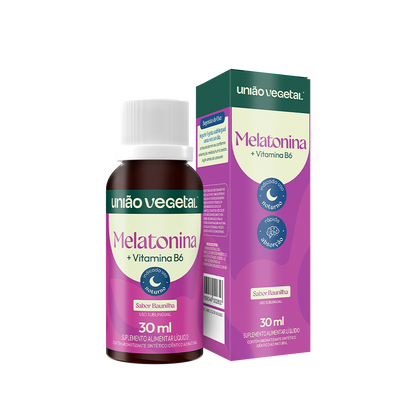 Suplemento alimentar líquido Melatonina + Vitamina B6 da União Vegetal, sabor baunilha, em frasco de 30 ml com caixa. Indicado para uso noturno, com rápida absorção sublingual.