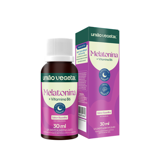 Suplemento alimentar líquido Melatonina + Vitamina B6 da União Vegetal, sabor baunilha, em frasco de 30 ml com caixa. Indicado para uso noturno, com rápida absorção sublingual.