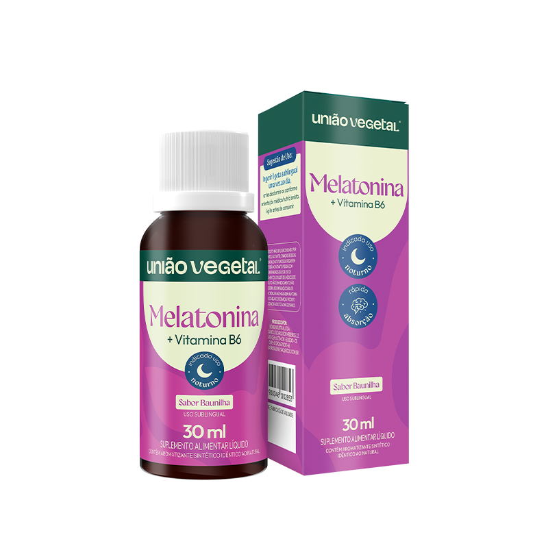 Suplemento alimentar líquido Melatonina + Vitamina B6 da União Vegetal, sabor baunilha, em frasco de 30 ml com caixa. Indicado para uso noturno, com rápida absorção sublingual.