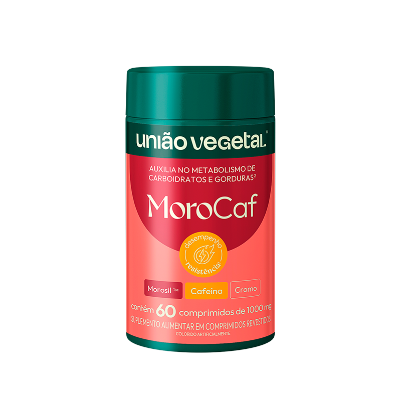 Frasco do suplemento Morocaf da União Vegetal, termogênico natural com extrato de laranja moro e cafeína.