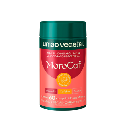 Frasco do suplemento Morocaf da União Vegetal, termogênico natural com extrato de laranja moro e cafeína.