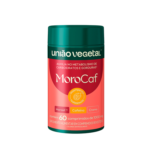 Frasco do suplemento Morocaf da União Vegetal, termogênico natural com extrato de laranja moro e cafeína.