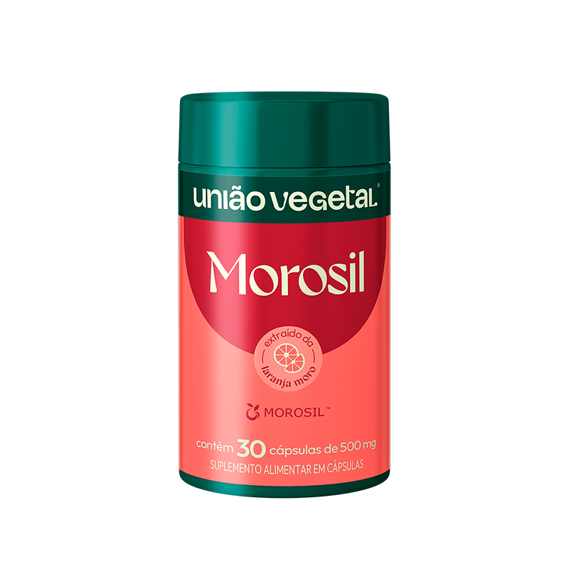 Frasco do suplemento Morosil Original da União Vegetal com extrato de laranja moro, fórmula tradicional para controle de peso.