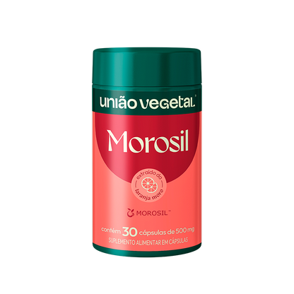 Frasco do suplemento Morosil Original da União Vegetal com extrato de laranja moro, fórmula tradicional para controle de peso.