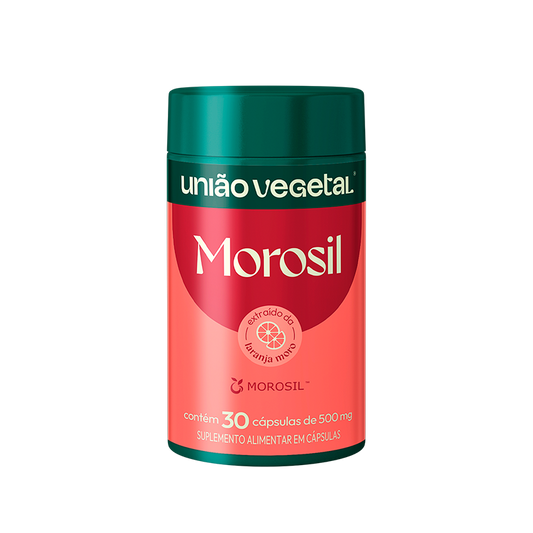 Frasco do suplemento Morosil Original da União Vegetal com extrato de laranja moro, fórmula tradicional para controle de peso.