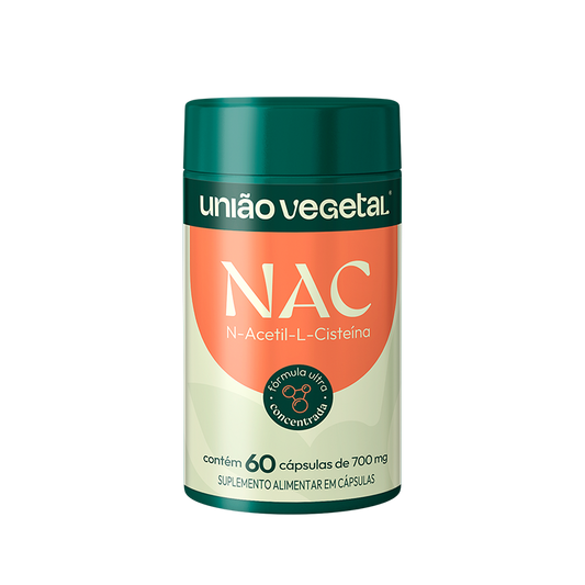 Frasco do suplemento NAC (N-Acetil-L-Cisteína) da União Vegetal com 60 cápsulas de 700mg e fórmula concentrada.