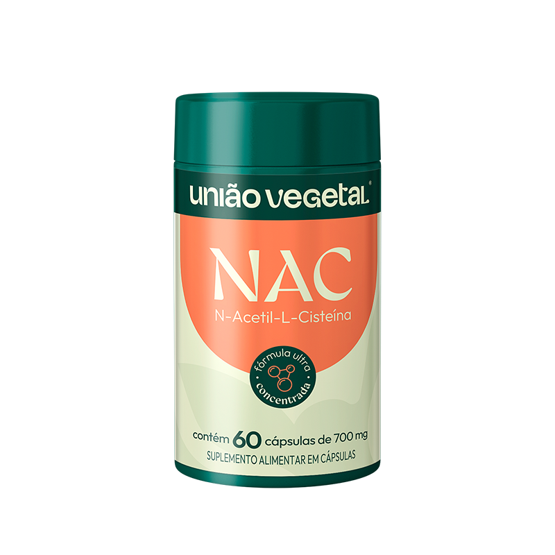 Frasco do suplemento NAC (N-Acetil-L-Cisteína) da União Vegetal com 60 cápsulas de 700mg e fórmula concentrada.
